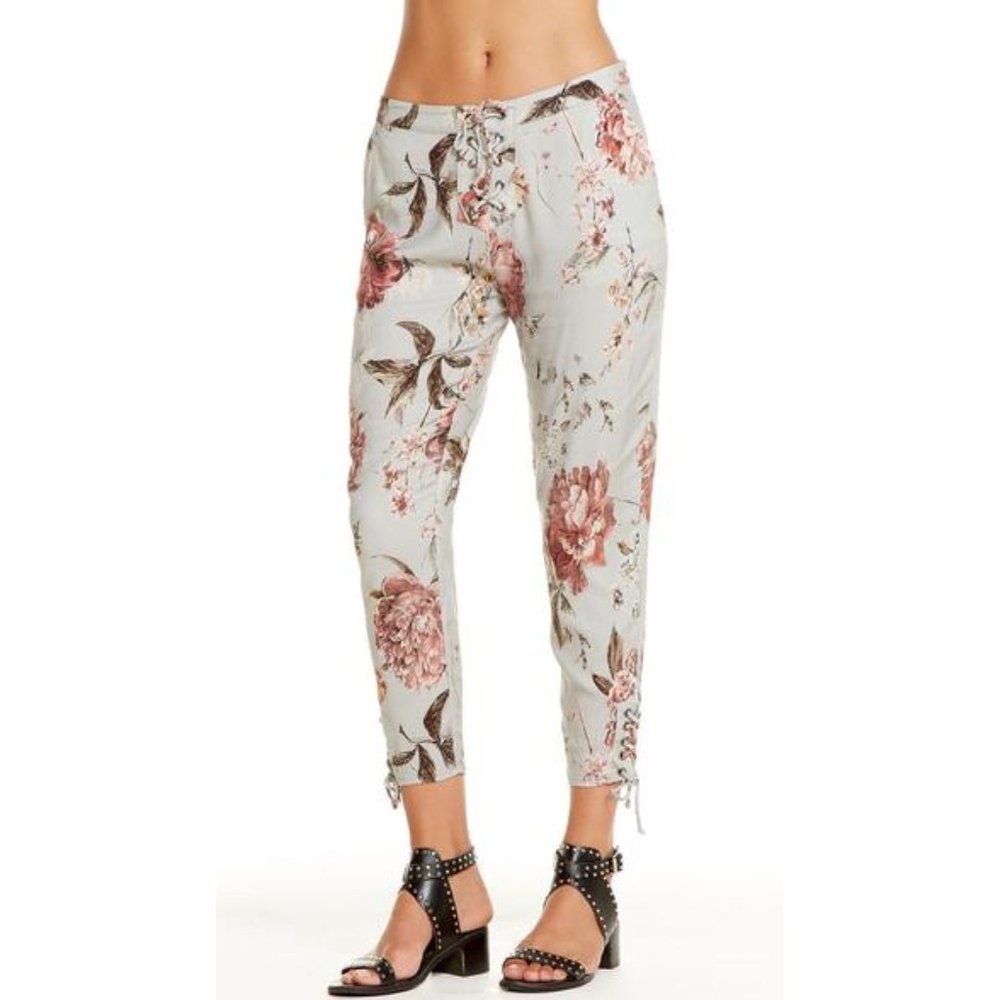 Chaser Heirloom Woven Lace-Up Floral Cropped Pants